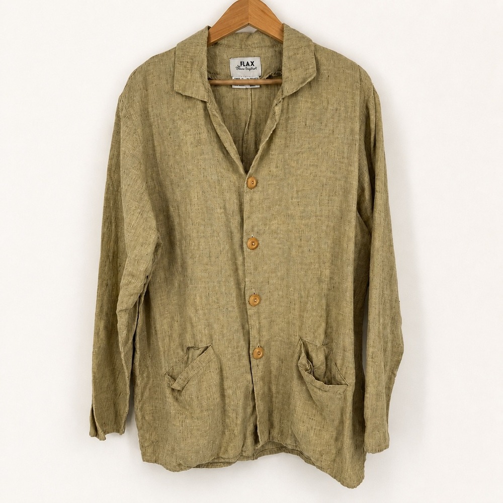 FLAX by Jeanne Englehart Medium Shirt Jacket Linen Button Up Pockets Lagenlook